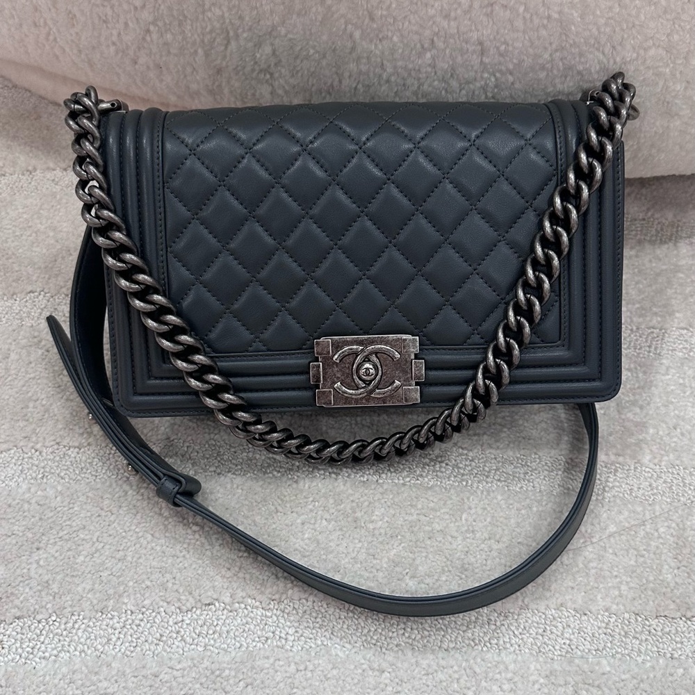 2015 CHANEL Lambskin Boy Bag Dark Gray